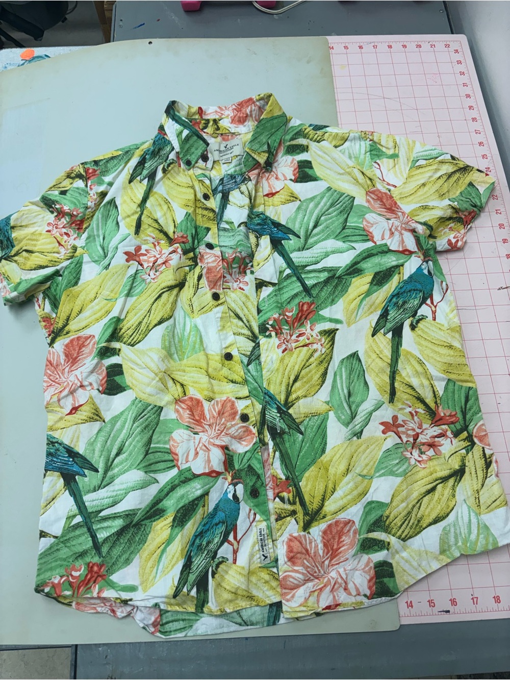 American Eagle Outfitters Tropical Floral Short-Sleeve Shirt - Green/Yellow